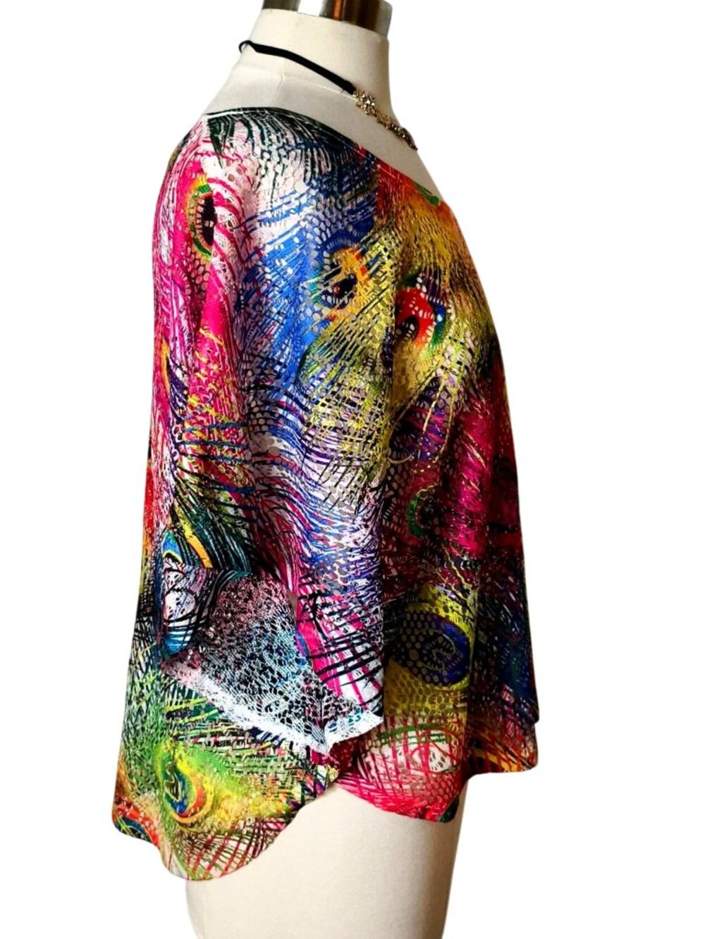 Dots Womens XL Kaftan Top Peacock Feather Print Loose Fit Lightweight Festive - Picture 3 of 6